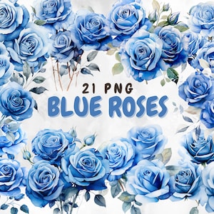 Elegant Blue Watercolor Rose Clipart: Transparent PNGs for Wedding Invitations, Scrapbooking & Crafts
