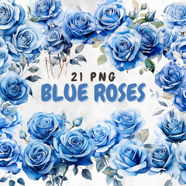 Blue Watercolor Rose Clipart, Printable Transparent Digital PNGs for Wedding Invites and Crafts, Floral Clipart, Scrapbook, Paper Crafts