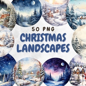 Bundle festif de cliparts aquarelle paysage de Noël : images PNG imprimables pour scrapbooking et travaux manuels
