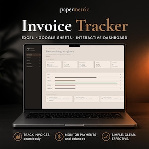 Puede incluir: Una computadora portátil muestra una interfaz de seguimiento de facturas. La pantalla muestra datos financieros, incluidos importes y estados de pago. El texto en la pantalla dice "Invoice Tracker" y "Your invoicing, at a glance." El texto adicional incluye "Track invoices seamlessly".