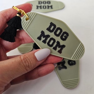 Dog Mom Keychain: Olive Green Vintage Motel Style with Boho Tassel