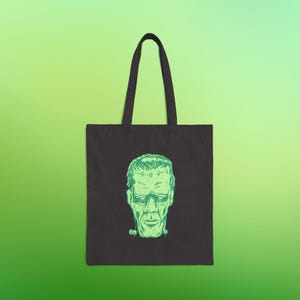 Frankenstein Tote Bag, Halloween Spooky Reusable Shopping Bag, Vintage Look Cotton Canvas, Black Green Shoulder Bag, Trick or Treat Tote,