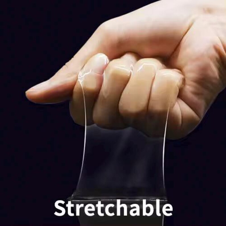 May include: A clear, stretchy, and flexible material being stretched by a hand. The text "Stretchable" is visible at the bottom of the image.
