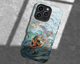 Stained Glass Sea Turtle Design iPhone 17 16 15 14 13 12 11 8 7 Pro Max Mini X Xs Xr SE Tough Case, Samsung Galaxy S20 S21 S22 Ultra Cover