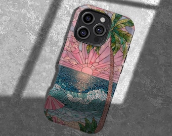 Stained Glass Beach Phone Case, Beach Palm Tree Design iPhone 16 15 14 13 12 11 Pro Max SE Tough Case, Samsung Galaxy S25 S24 Ultra Cover