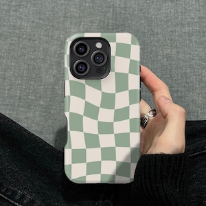 Coque pour iPhone 17 16 15 14 13 12 Pro, motif damier déformé vert sauge, coque Samsung Galaxy S25 Ultra Plus Note 20