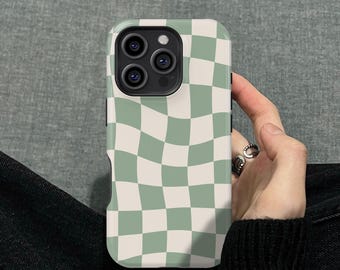 Sage Green Warped Checkered Pattern Checkerboard Design iPhone 17 16 15 14 13 12 Pro Tough Case, Samsung Galaxy S25 Ultra Plus Note 20 Cover