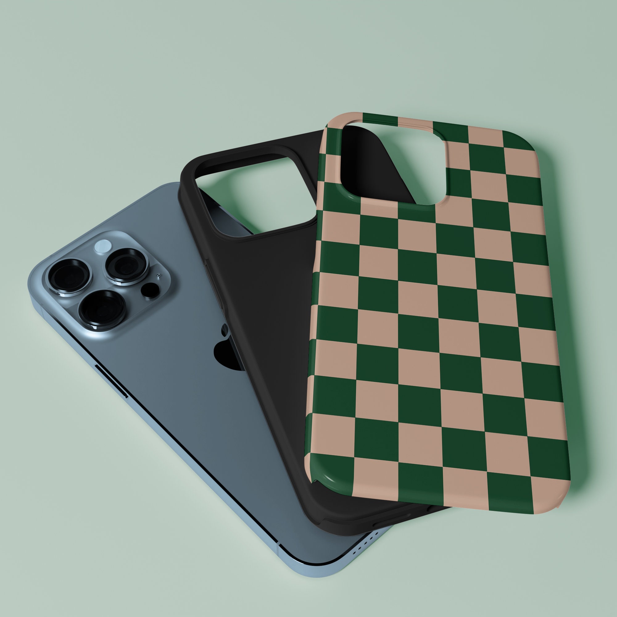 Checkerboard Pattern Green and Blush Design iPhone 14 13 12
