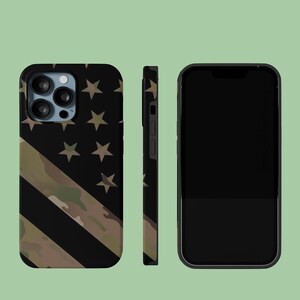May include: A black phone case with a camouflage pattern and stars. The case is shown from the front, side, and back. The phone case is compatible with an iPhone.