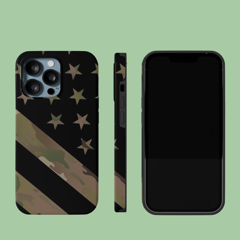 May include: A black phone case with a camouflage pattern and stars. The case is shown from the front, side, and back. The phone case is compatible with an iPhone.