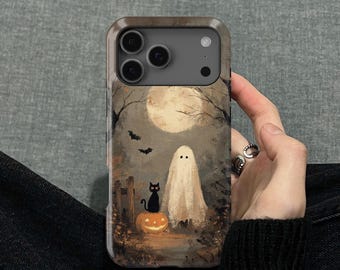 Halloween Ghost & Black Cat Design iPhone 17 16 15 14 13 12 11 8 Pro Max Mini Xs Xr SE Tough Case, Samsung Galaxy S26 S25 S24 Ultra Cover