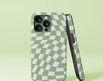 Sage and White Distorted Checkerboard Design iPhone 14 13 12 Pro Max Mini X Xs Xr Tough Case, Samsung Galaxy S20 Ultra FE Plus Note 10 Cover