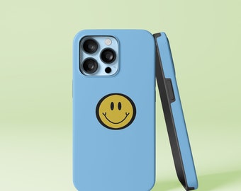 Blue Smiley Face Design iPhone 14 13 12 11 8 7 Pro Max Mini X Xs Xr SE Tough Case, Samsung Galaxy S20 S21 S22 Ultra FE Plus Note 10 20 Cover