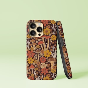 Retro 1970s Mushrooms & Flowers Design iPhone 14 13 12 Pro Max Mini X Xs Xr SE Tough Case, Samsung Galaxy S20 Ultra FE Plus Note 10 20 Cover