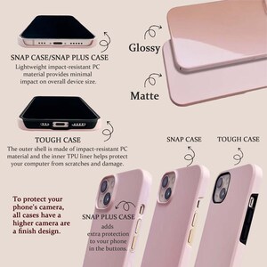 Puede incluir: Presentaci&oacute;n de fundas para tel&eacute;fonos en varios estilos y acabados. La imagen muestra fundas Snap, Snap Plus y Tough, con opciones brillantes y mate. Las fundas rosas protegen la c&aacute;mara del tel&eacute;fono.
