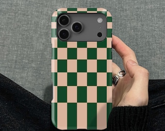 Green and Blush Stretch Checkered iPhone 17 16 15 14 13 12 11 Pro Max Mini X Tough Case, Samsung Galaxy S20 S26 Ultra FE Plus Note 10 Cover