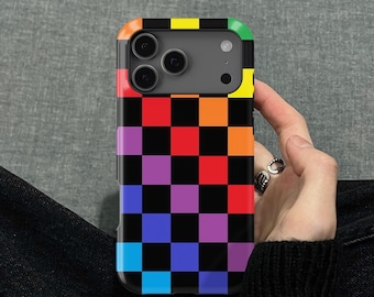 Rainbow Checkerboard (Black) Design iPhone 17 16 15 14 13 12 11 Pro Max Mini X Xr Tough Case, Samsung Galaxy S26 Ultra FE Plus Note 20 Cover