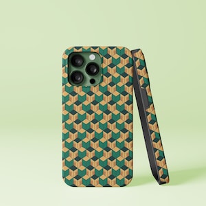 May include: A green and orange phone case with a geometric pattern. The case is designed to fit an iPhone with a triple lens camera.