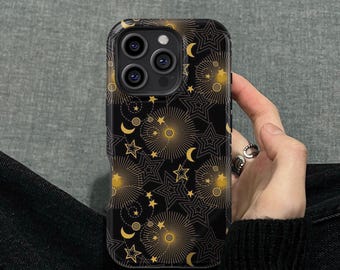 Starry Moon & Sun Design iPhone 16 15 14 13 12 11 Pro Max Mini X Xs Xr SE Tough Case, Samsung Galaxy S25 S24 S23 S22 S21 Ultra Cover