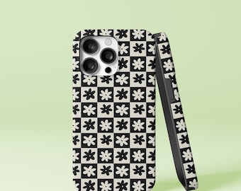 Black and White Floral Checkerboard iPhone 14 13 12 Pro Max Mini X Xs Xr SE Tough Case, Samsung Galaxy S20 S21 Ultra FE Plus Note 20 Cover