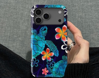 Sea Turtle with Flowers Design iPhone 17 16 15 14 13 12 11 Pro Max Mini X Tough Case, Samsung Galaxy S20 S21 S22 Ultra FE Plus Note 20 Cover