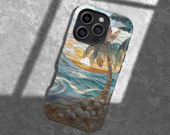 Ocean Waves Phone Case, Beach Palm Tree Design iPhone 16 15 14 13 12 11 Pro Max SE Tough Case, Samsung Galaxy S25 S24 S23 S22 Ultra Cover