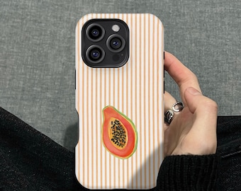 Striped Papaya Phone Cover for iPhone 16 15 14 13 12 11 X 8 7 Plus Pro Max, Samsung S25 S24 S23 S22 S21 S20 FE, MagSafe Case For iPhone