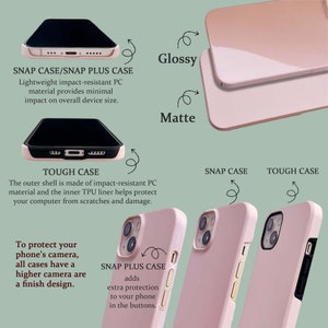 May include: A comparison of three phone cases for a smartphone. The cases are in pink and have different levels of protection. The text on the image reads "Snap Case/Snap Plus Case", "Tough Case", and "Snap Plus Case adds extra protection to your phone in the buttons".