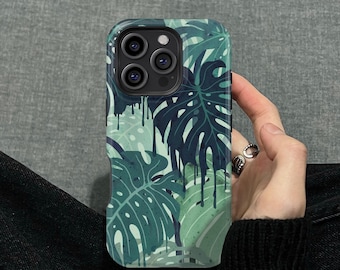 Tropical Monstera Leaf Design iPhone 16 15 14 13 12 11 Pro Max Mini X Xs Xr SE Tough Case, Samsung Galaxy S25 S24 S23 S22 S21 Ultra Cover