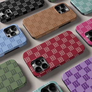 Gepersonaliseerde monogram naam ontwerp iPhone 15 14 13 12 11 Pro Max Mini X XR SE stoere MagSafe Case, Samsung Galaxy S23 Ultra Checkerboard Cover