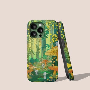 May include: A green and yellow phone case with a forest scene and mushrooms. The case has a camera lens cutout and a white outline around the edges.