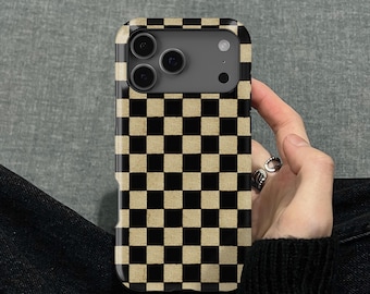 Brown Classic Checkered Big Checkerboard Design iPhone 17 16 15 14 13 12 Pro Max X Xr SE Tough Case, Samsung Galaxy S26 Plus Note 10 Cover