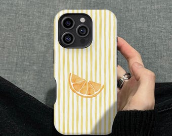 Watercolor Orange Slice on Yellow Stripes Phone Cover for iPhone 16 15 14 13 12 11 8 Plus Pro Max, Samsung S25 S24, MagSafe Case For iPhone