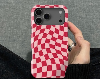 Red Wavy Checkerboard Pattern Design iPhone 17 16 15 14 13 12 Pro Max Mini X SE Tough Case, Samsung Galaxy S26 Ultra FE Plus Note 20 Cover