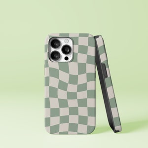Sage Green Warped Checkered Pattern Checkerboard Design iPhone 15 14 13 12 Pro SE Tough Case, Samsung Galaxy S20Ultra FE Plus Note 20 Cover