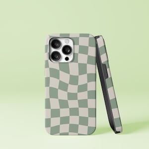 Sage Green Warped Checkered Pattern Checkerboard Design iPhone 15 14 13 12 Pro SE Tough Case, Samsung Galaxy S20Ultra FE Plus Note 20 Cover