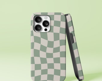 Sage Green Warped Checkered Pattern Checkerboard Design iPhone 15 14 13 12 Pro SE Tough Case, Samsung Galaxy S20Ultra FE Plus Note 20 Cover