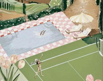 Villa Tuscany Printable Wall Art | Tennis Court Italian Villa Art Print | Mediterranean Landscape Poster