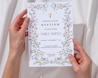 Wildflower Baptism Invitation Template, Wildflower Christening Invite, Pink Girls Baptism Invitation, Religious Cross, Floral Invitation
