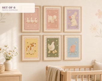 May include: A set of six framed wall art prints featuring illustrations of farm animals including ducks, a goat, a rabbit, a calf, a chicken with chicks, and a piglet. Each print is bordered by a dashed line and set against a pastel background.