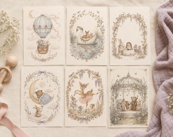 Conjunto de láminas decorativas para la habitación de una niña, 6 pósteres de animales, arte mural en acuarela estilo cuento de hadas, descarga digital.