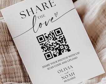 Biglietto di nozze con codice QR "Share The Love", biglietto fotografico per matrimonio moderno e minimalista, biglietto "Cattura l'amore", stampabile "Share the Love", modificabile con Canva