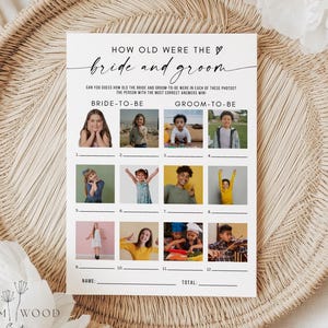 May include: A white card game with the text "HOW OLD WERE THE bride and groom". The card has photos of children and the text "BRIDE-TO-BE" and "GROOM-TO-BE". The card is on a woven tray.