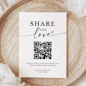 Cartão de casamento com código QR "Compartilhe o Amor", Cartão de casamento moderno e minimalista com fotos, Cartão "Capture o Amor", Cartão "Compartilhe o Amor" para imprimir, Editável no Canva
