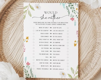 PRINTED + SHIPPED Wildflower Would She Rather Bridal Shower Game