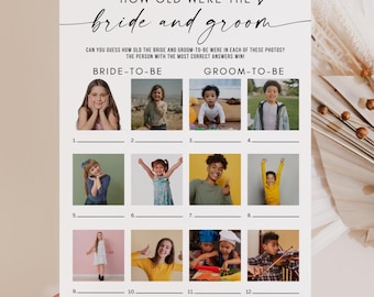 How Old Were The Bride And Groom Bridal Shower Game, Minimalist Photo Guessing Game Card, Printable Couples Shower Game, Canva Editable