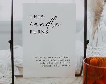 May include: A framed sign with the words "THIS candle BURNS" in elegant script. The sign includes a heartfelt message below. An orange glass and a vase with dried flowers are in the background.