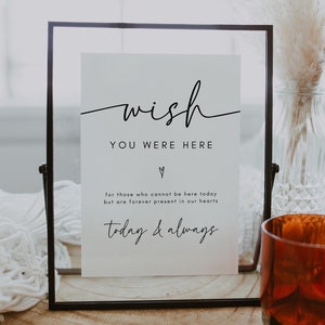 Puede incluir: Un cartel enmarcado en negro con fondo blanco y el texto "wish you were here" en escritura cursiva negra. Debajo del texto hay un pequeño símbolo de corazón y el texto "for those who cannot be here today but are forever present in our hearts. today & always" en texto negro.