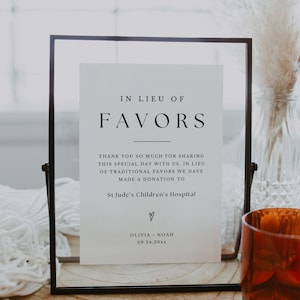 Plantilla de letrero de "en lugar de favores", tarjeta imprimible moderna de "en lugar de favores" para bodas, letrero simple de donación para bodas, Canva editable, 5x7 8x10 A4
