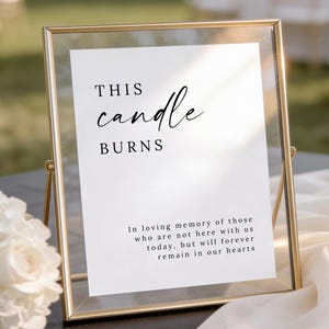 Puede incluir: Un letrero con marco dorado con el texto "THIS candle BURNS" en escritura negra. El letrero incluye un mensaje de recuerdo. Flores blancas y tela drapeada en primer plano, con un fondo borroso al aire libre.